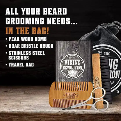 Viking Revolution Beard Care Kit for Men Complete Grooming Set with Bamboo Brush & Double-Sided Comb in Velvet Travel Pouch 100%